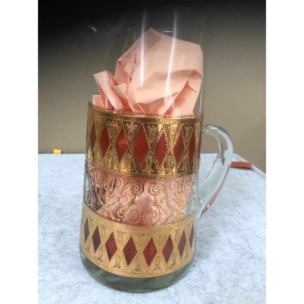 Vintage West Virginia Glass Co Rainier Pitcher 22K Gold Cranberry Diamond MCM